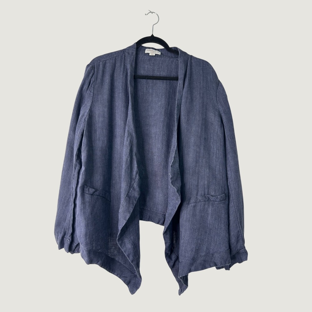 Coldwater Creek Linen Cardigan Womens XL Blue Herringbone Open Coastal Grandma